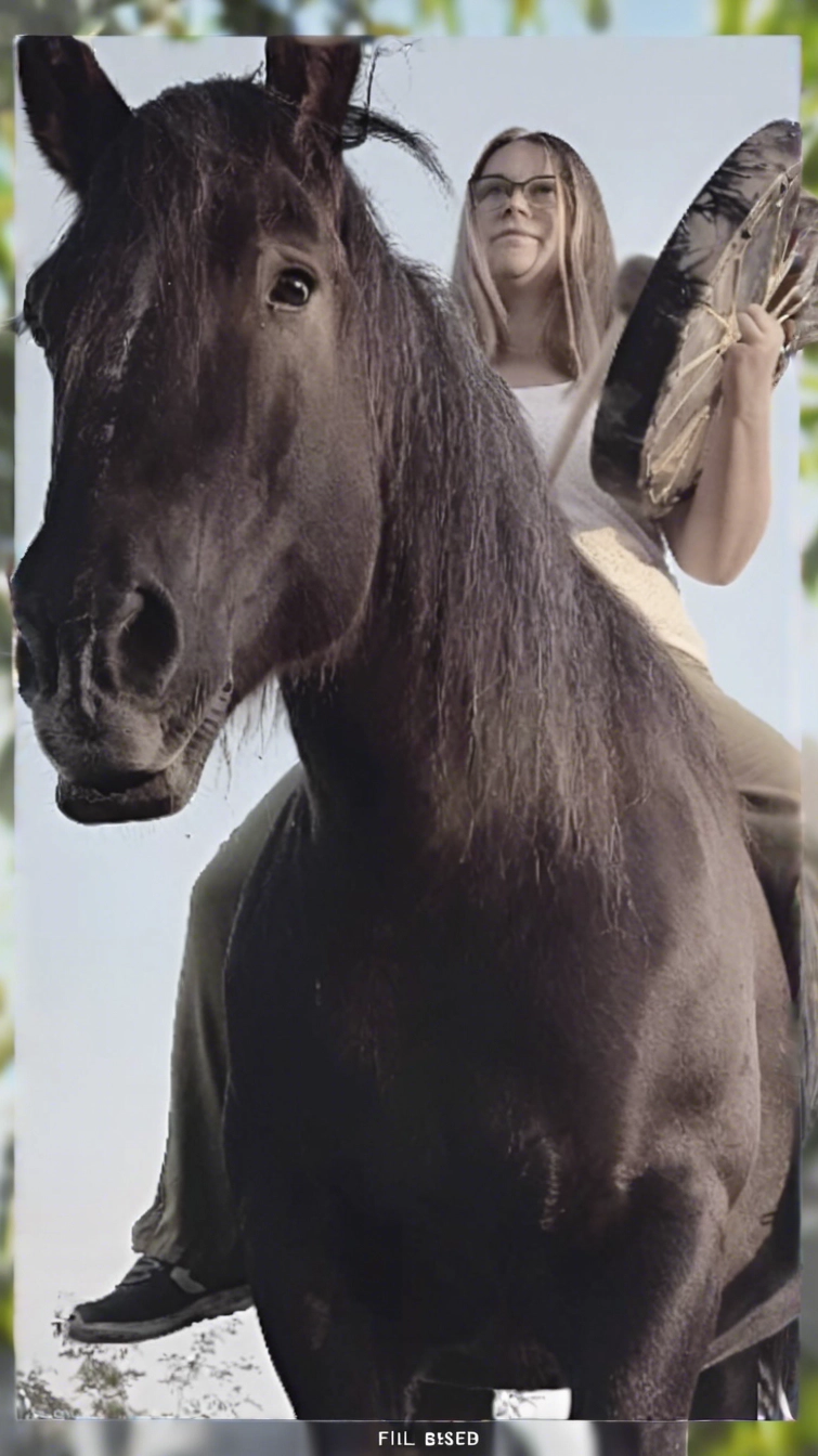 Laura Louwette sur son cheval avec son tambour chamanique
